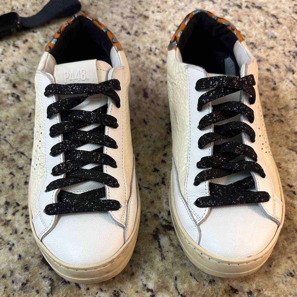 P448 White and Black Sneakers with leopard and orange
